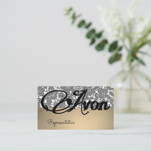 Avon gepersonaliseerde zwart en zilveren kant esth visitekaartje (Staand voorkant)