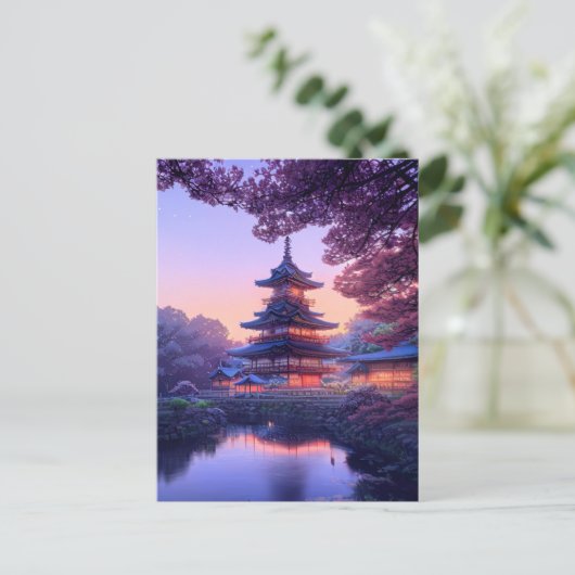 Avond bij Riverside Temple Briefkaart (Staand voorkant)