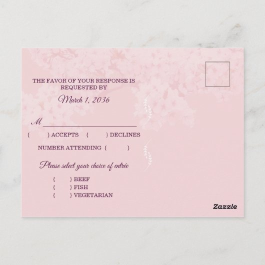 Avond Cherry Blossom Bruiloft Menu Keuze RSVP (Achterkant)
