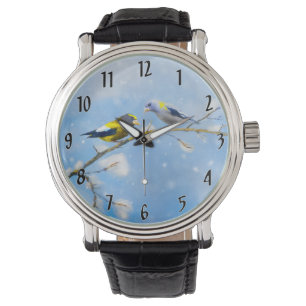 Avond Grosbeak Schilderij - Originele Wild Bird Ar Horloge