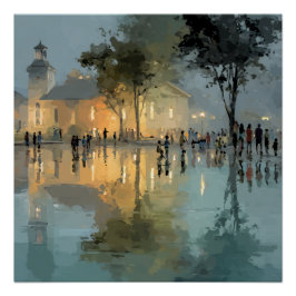Avond Kerkplein Regenreflecties Perfect Poster