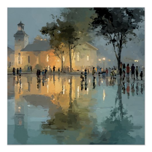 Avond Kerkplein Regenreflecties Perfect Poster (Voorkant)