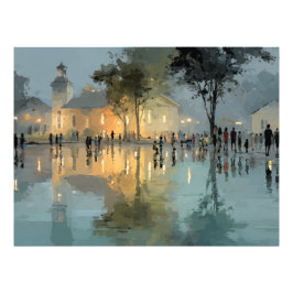 Avond Kerktorenplein Regenreflecties Foto Afdruk