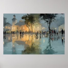 Avond Kerktorenplein Regenreflecties Poster