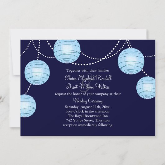 Avond Party Lantern Wedding Invitation in Blue Kaart (Voorkant)