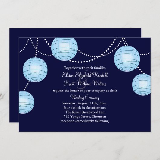 Avond Party Lantern Wedding Invitation in Blue Kaart (Voorkant / Achterkant)