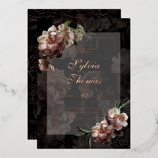 Avond Roos Gold Foil Wedding Folie Uitnodiging (Voorkant / Achterkant)