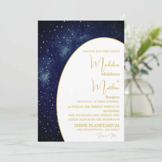 Avond Sky Gold Sterren Blauw Modern Bruiloft Kaart (Staand voorkant)
