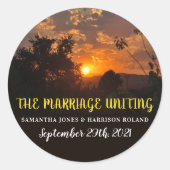 Avond Sunset Scene, Rustic Wedding Ronde Sticker (Voorkant)