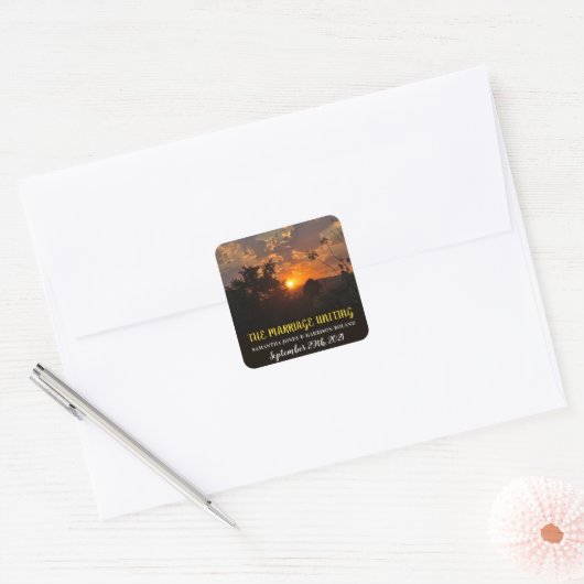 Avond Sunset Scene, Rustic Wedding Vierkante Sticker (Envelop)