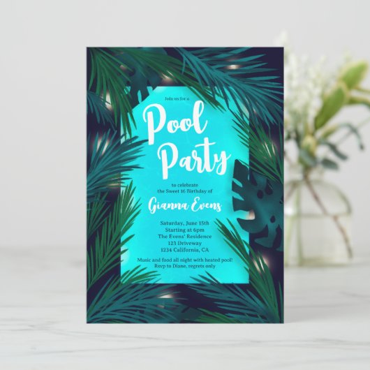 Avond Tropische palmlichtpoolpartij Sweet 16 Kaart (Staand voorkant)