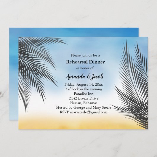 Avond Waterverf Palm Leaves Rehearsal Dinner Kaart (Voorkant / Achterkant)