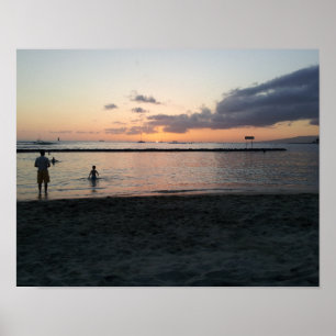 Avond Zonsondergang Tropisch Strand Waikiki Oahu H Poster