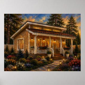 Avondgloed Cottage Tuin Olie Schilderij Poster