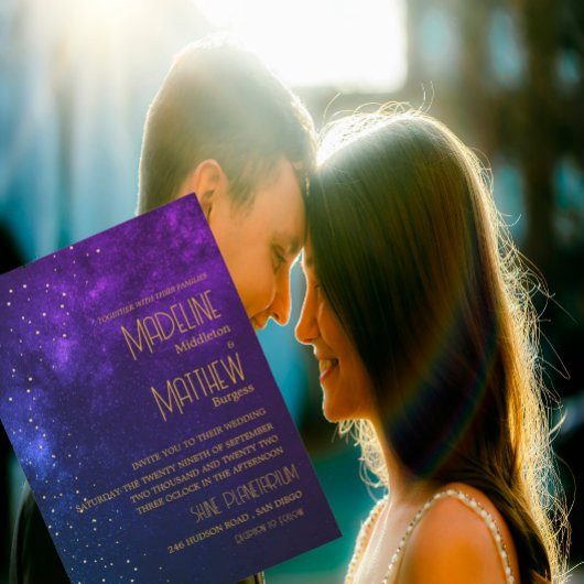 Avondhemel Astrale Gouden Sterren Paarse Bruiloft  Kaart