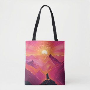 Avonturier bij levendige Sunset Peaks Tote Bag