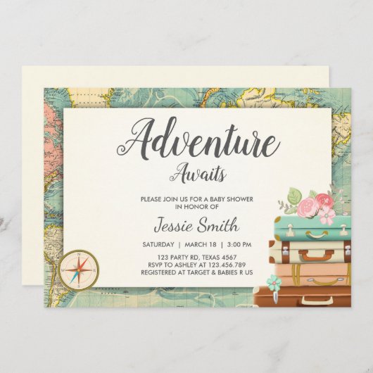 Avontuur Awaits Baby shower uitnodiging Reiskaart (Voorkant / Achterkant)