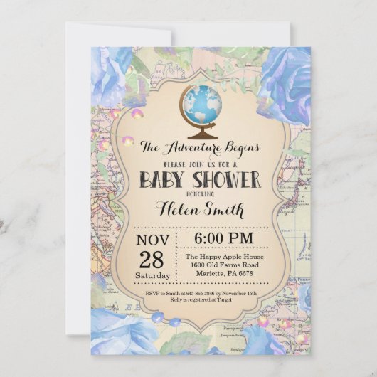 Avontuur Baby shower Blauw Bloemen Kaart Reizen We (Voorkant)