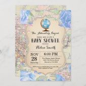 Avontuur Baby shower Blauw Bloemen Kaart Reizen We (Voorkant / Achterkant)