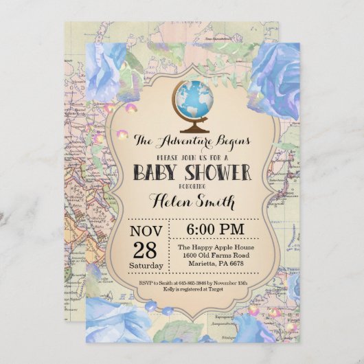 Avontuur Baby shower Blauw Bloemen Kaart Reizen We (Voorkant / Achterkant)
