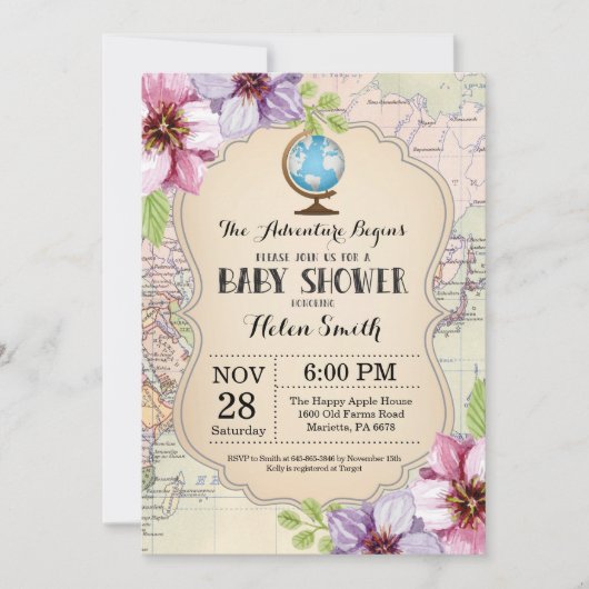 Avontuur Baby shower Bloemen Kaart Reizen Wereld (Voorkant)