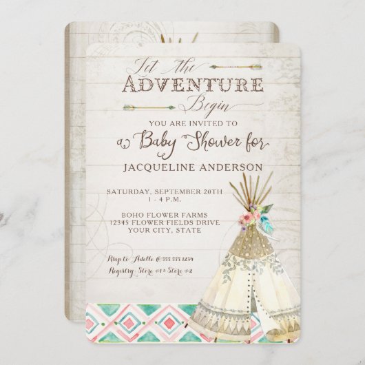 Avontuur Baby shower Meisje Teepee Wood Arrows Art Kaart (Voorkant / Achterkant)