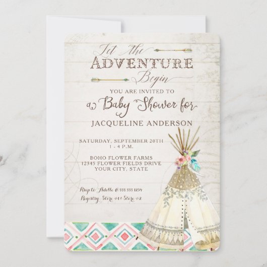 Avontuur Baby shower Meisje Teepee Wood Arrows Art Kaart (Voorkant)