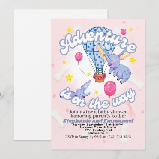 Avontuur Baby Shower Uitnodiging | Waterverf Olifa (Voorkant / Achterkant)