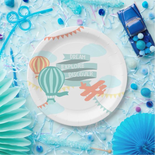 Avontuur Baby shower Vliegtuig en Ballon Papieren Bordje (Feest)