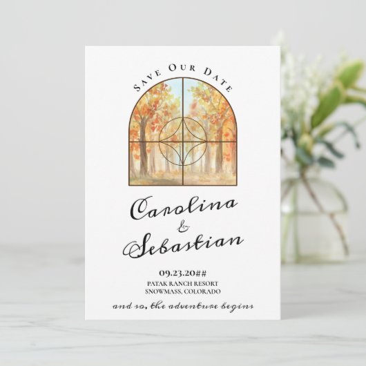 Avontuur Begin Rocky Mountain Bestemming Bruiloft Save The Date (Staand voorkant)