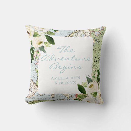 Avontuur Begint Baby Naam Datum Bloemrijke Kaart A Kussen (Voorkant)