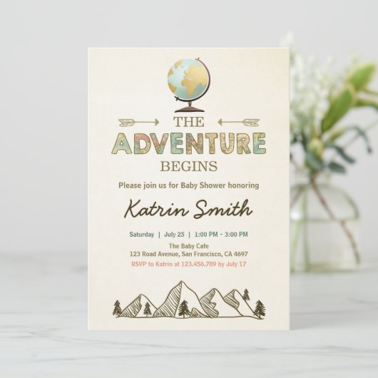 Avontuur begint Baby shower uitnodiging Wereldbol  (Staand voorkant)