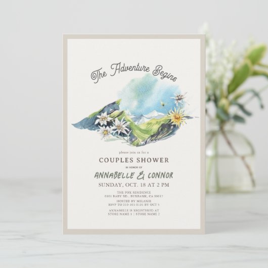 Avontuur Begint Bergketen Koppels Bruiloftfeest Kaart (Staand voorkant)