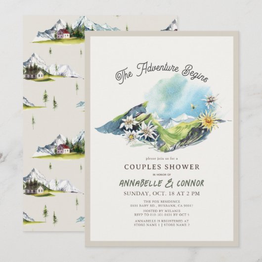 Avontuur Begint Bergketen Koppels Bruiloftfeest Kaart (Voorkant / Achterkant)