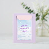 Avontuur begint blauw lucht vliegtuigvenster briefkaart (Staand voorkant)