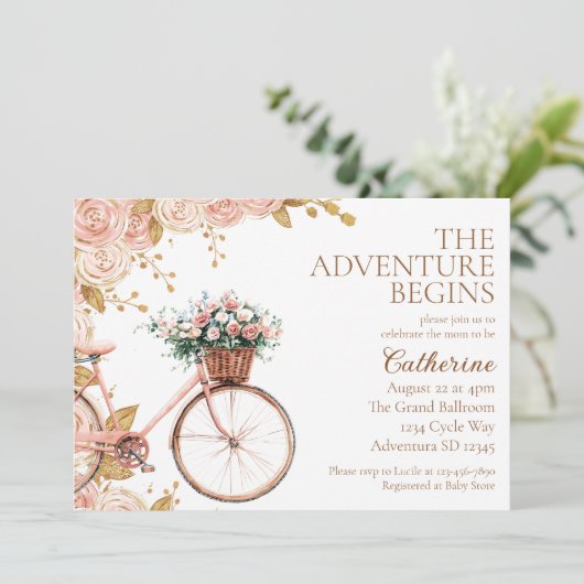 Avontuur Begint  Bloemenfiets Baby shower Kaart (Staand voorkant)