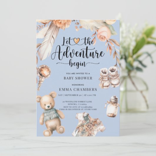 Avontuur begint Boho Baby Jongen Douche Blauw Kaart (Staand voorkant)