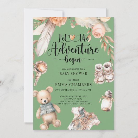 Avontuur begint Boho Baby shower Groen Kaart (Voorkant)