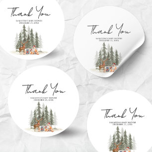 Avontuur begint bos winter baby shower ronde sticker