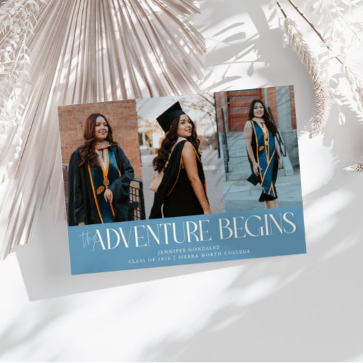 Avontuur Begint Denim Blauwe Grad Multi Foto Aankondiging