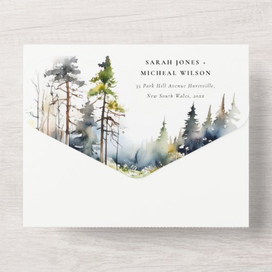 Avontuur begint dennenbos landschap bruiloft all in one uitnodiging (Achterkant)