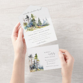 Avontuur begint dennenbos landschap bruiloft all in one uitnodiging