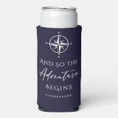 Avontuur begint donkerblauw gepersonaliseerd seltzer blikjeskoeler (Seltzer Voorkant)
