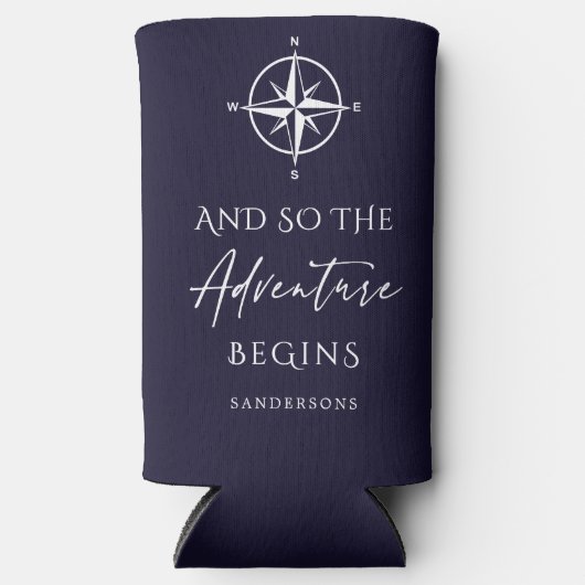 Avontuur begint donkerblauw gepersonaliseerd seltzer blikjeskoeler (Voorkant)