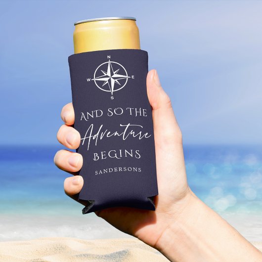 Avontuur begint donkerblauw gepersonaliseerd seltzer blikjeskoeler