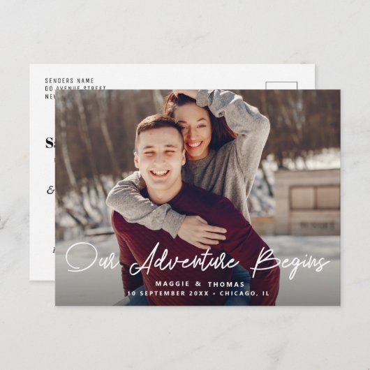 AVONTUUR BEGINT | Het briefkaart Datum opslaan (Voorkant / Achterkant)