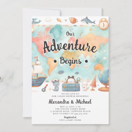 Avontuur Begint Kaart Koppels Neutraal Baby shower (Voorkant)