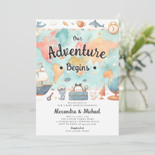 Avontuur Begint Kaart Koppels Neutraal Baby shower (Staand voorkant)