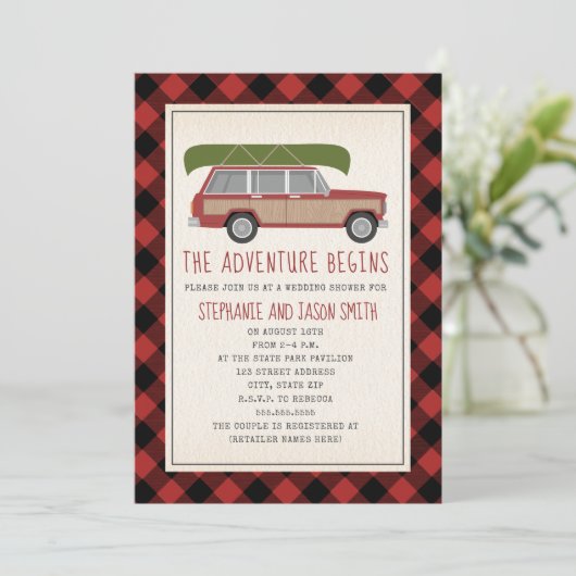 Avontuur Begint Kano Auto Plaid Bruiloft Douche Kaart (Staand voorkant)