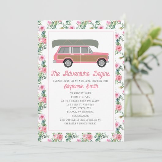 Avontuur Begint Kano Roze Auto Bruids Kaart (Staand voorkant)